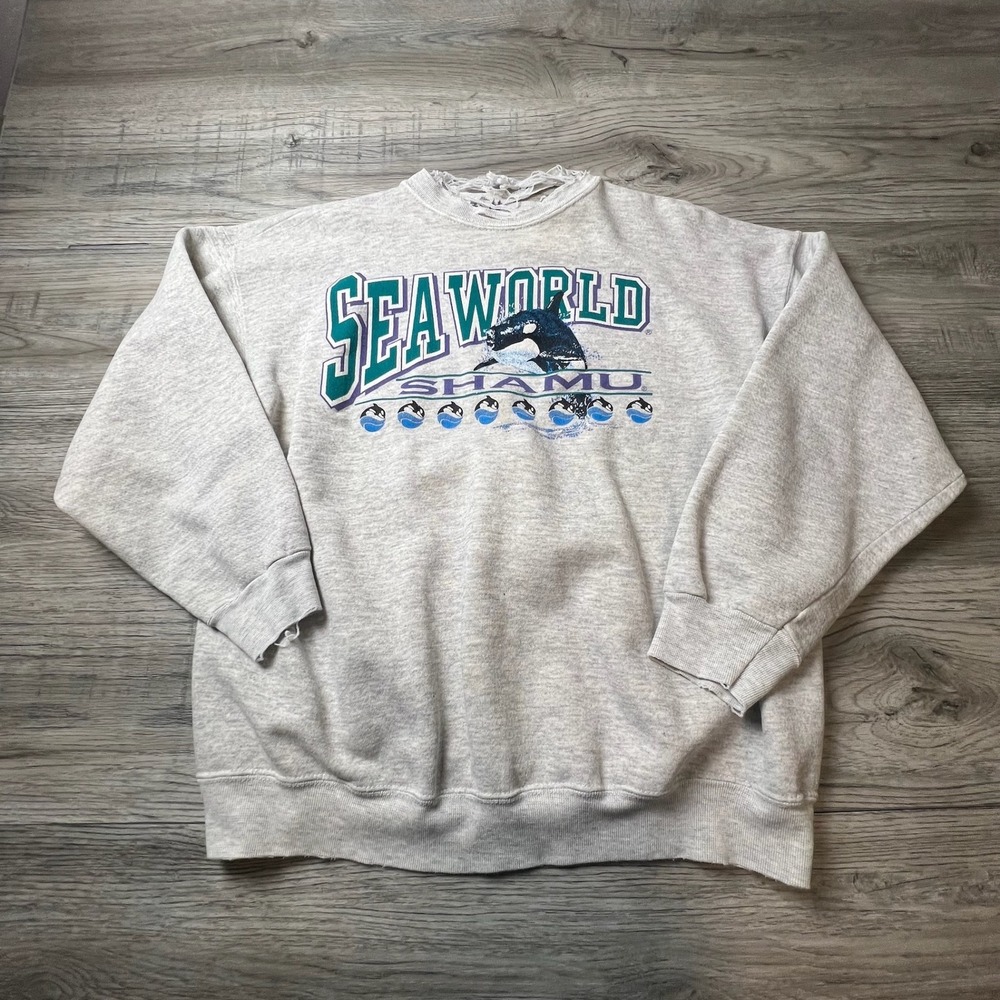 SeaWorld Shamu Sweatshirt Unisex Large Gray Distressed Thrashed 90s Graphic